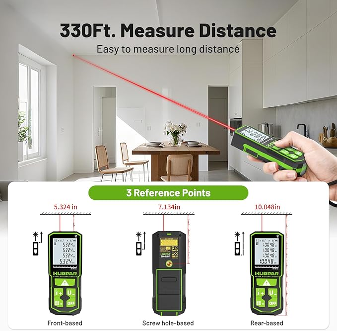 Huepar Laser Distance Measure 330Ft. Digital Rechargeable Laser Measuring Tool with Bluetooth -Phone APP, 1/16in Accuracy, Angle Sensor, M/in/Ft Unit, Pythagorean Mode, Measure Distance, Area, Volume
