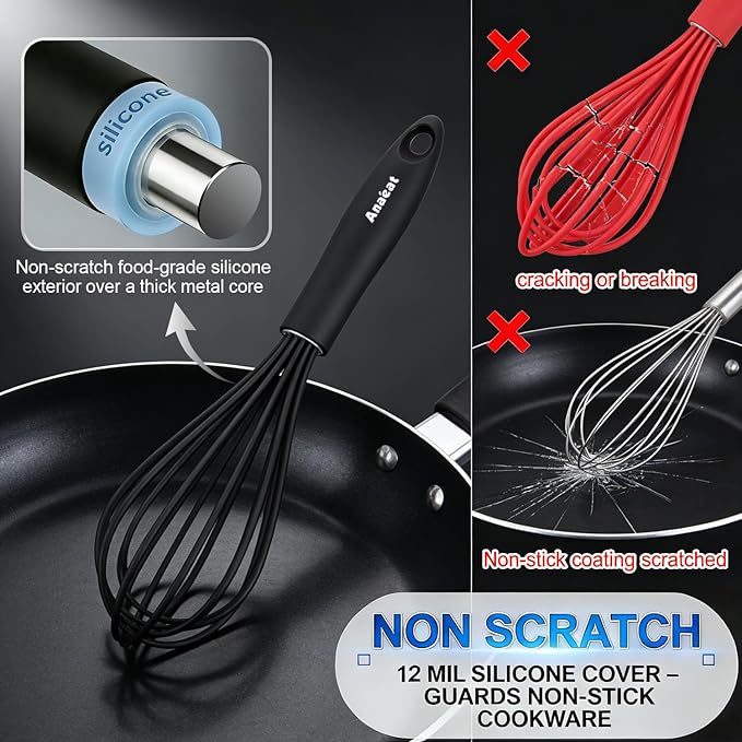 Anaeat Silicone Balloon Whisk, Perfect for Non-Stick Cookware, Milk and Egg Beater Blender, Heat Resistant Kitchen Whisks for Whisking, Cooking, Baking, Beating, Frothing & Stirring (Black)