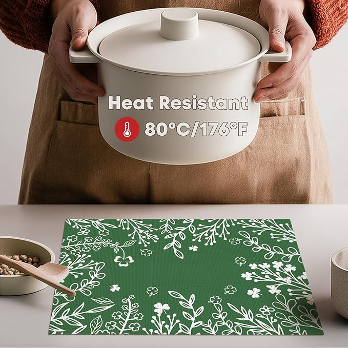 Artoid Mode Dark Green Weed Wild Flower Vinyl Plastic Placemats Set of 4, 12x18 Inch Woven Washable Non-Slip PVC Place Mats for Party Kitchen Dining Decor