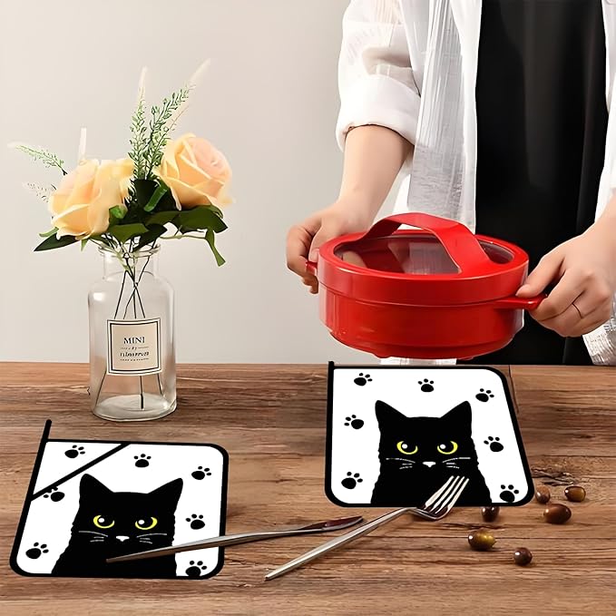 Cute Black Cats Pot Holders Set of 2,Kitchen Heat Resistant Potholder for Microwave Cooking Baking Oven and BBQ