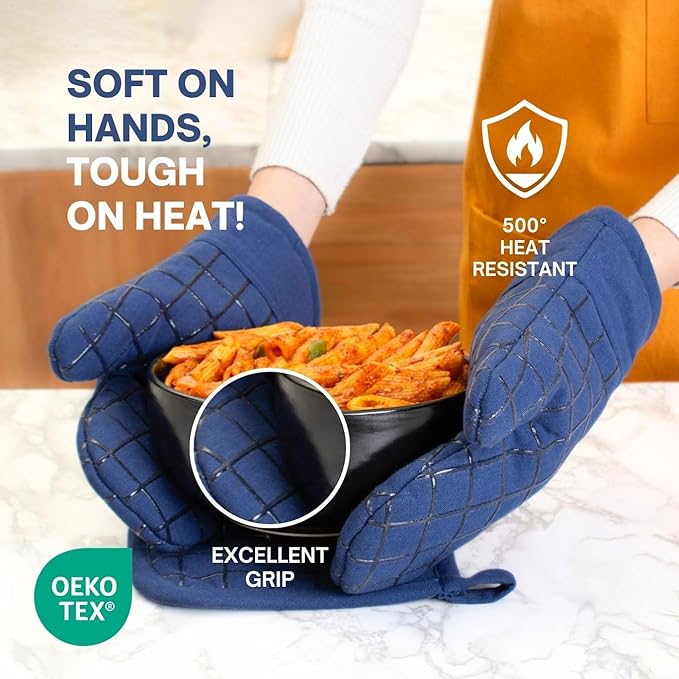 Oven Mitts and Pot Holders Set for Kitchen | 4 Pc Set| Heat Resistant Up to 500°F | Non-Slip Silicone Strips | Blue Kitchen Accessories | Includes 2 Hot Pads & 2 Cooking Mitts