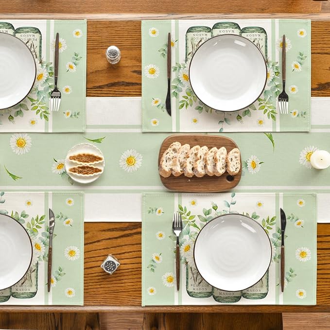 Artoid Mode Eucalyptus Leaves Daisy Vase Spring Placemats Set of 6, 12x18 Inch Seasonal Summer Table Mats for Party Kitchen Dining Decoration