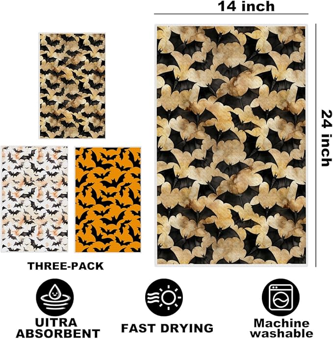 3 Pcs Halloween Bat Kitchen Towels, Vintage Decorative Absorbent Microfiber Dish Cloth Tea Towel, Durable Waffle Hand Towels for Farmhouse Home Bathroom, Halloween Gifts for Women