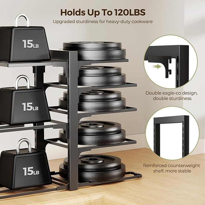 LAMU Pots and Pans Organizer Organizer under Cabinet 15.83" Height, 8 Adjustable Tier Heavy Duty 120LB Pot and Pan Organizer Rack inside Cabinet for Cast-iron Pan, Heavy Skillets Griddle, Shallow Pot