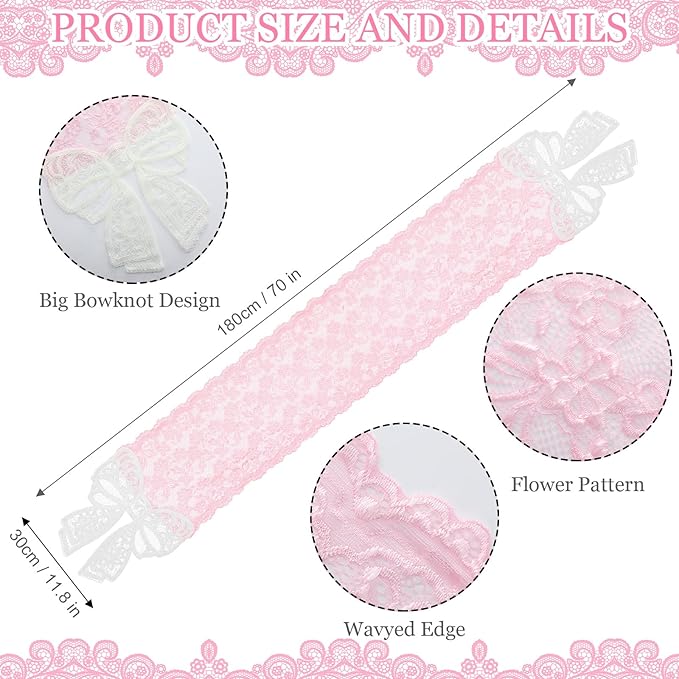 Pink Lace Table Runner with Big Bow Ends 12 x 71 Inch Vintage Rectangle Macrame Embroidered Runner French Style Tablecloth for Wedding Kitchen Dining Table Home Decor