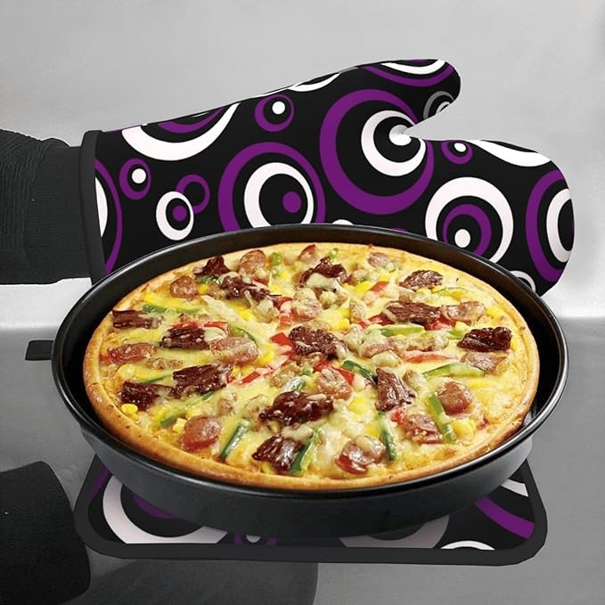 Purple Black White Retro Circular Oven Mitts & Pot Holders Sets of 3, Heat Resistant Modern Abstract Art Oven Gloves and Hot Pad for Home Cooking Baking Grilling, Baking Gifts for Women, Kitchen Decor