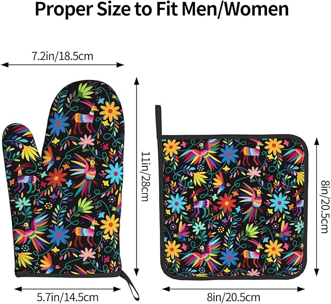 Mexican Folk Art Inspired Oven Mitts & Pot Holders Sets of 3, Polyester Heat Resistant Multicolor Kitchen Gloves and Hot Pads for Cooking Baking Grilling, Gift for Ethnic & Art Enthusiasts, Home Decor