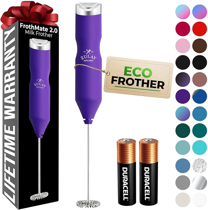 Zulay Kitchen Powerful Frother Wand AA Batteries Included, Ultra Fast Handheld Drink Mixer, Comfort Milk Frother, Stainless Steel Whisker, Frother Handheld for Coffee, Protein & Matcha - Frothmate 2.0