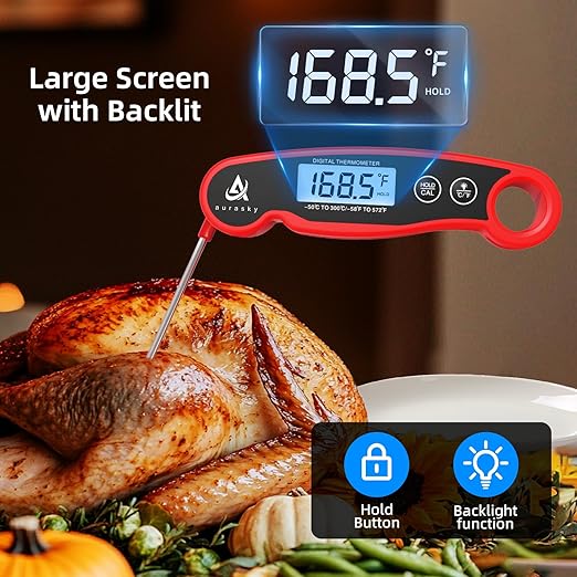 Instant-Read Meat Thermometer Digital for Cooking and Grilling, Waterproof Food Thermometer with Backlight, Calibration & Hold Function for Kitchen, BBQ, Deep Fry, Candy, Liquid (Red)