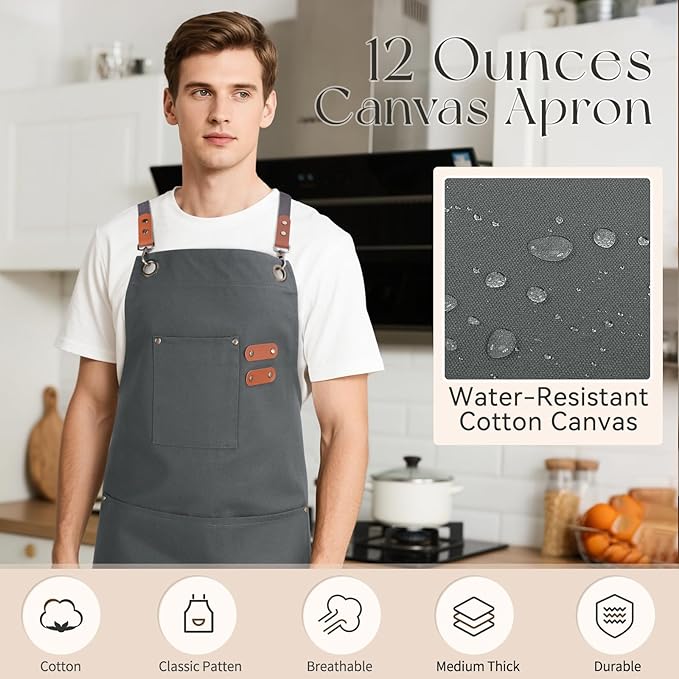Chef Aprons for Men Women with Large Pockets, Cotton Canvas Water Repellent Kitchen Apron for Cooking