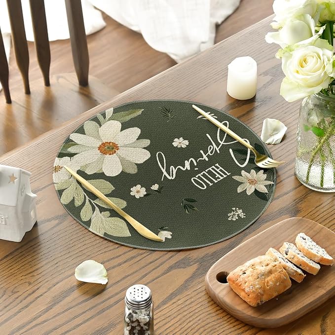 Artoid Mode Daisy Flowers Round Hello Spring Placemats Set of 4, 14 Inch Seasonal Summer Holiday Table Mats for Party Kitchen Dining Decoration