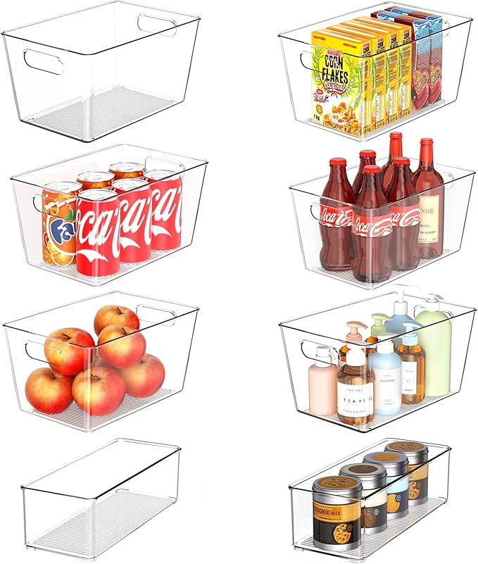 Set of 8 Clear Plastic Storage Bins, 6 Large +2 Small Pantry Organizers and Storage Containers for Kitchen Organization, Home Storage Essentials for Office, Closet, Garage, Freezer& Bathroom