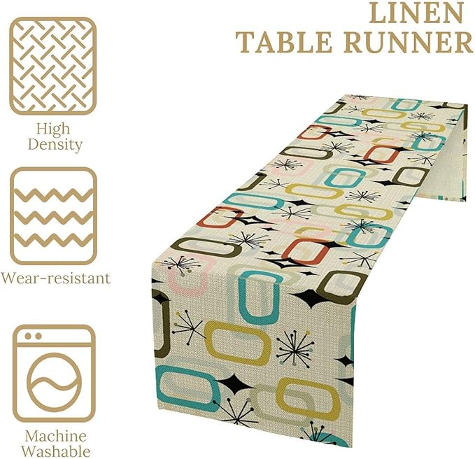 Mid Century Table RunnerRetro Atomic Boho Abstract Geometric Art Printed Dinner Runner for Home Kitchen Dining Table Decor Fabric 1 Panel W13xL60in