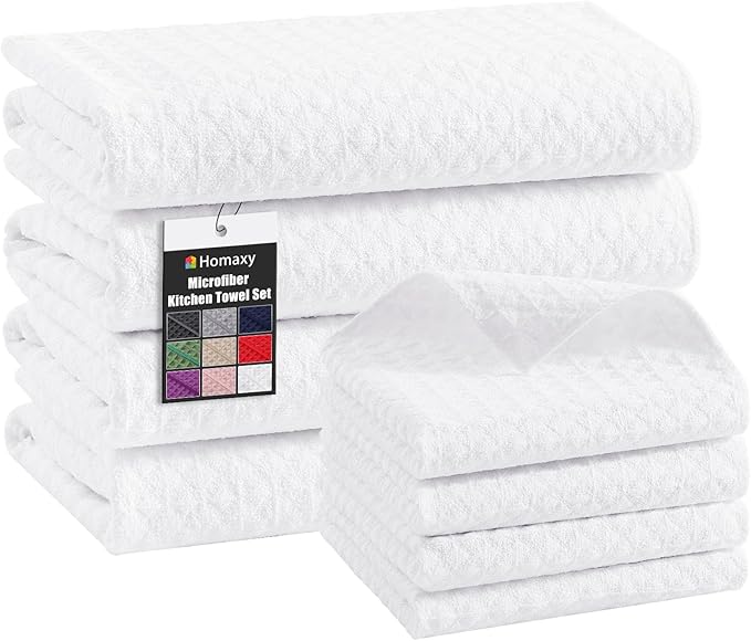Homaxy Microfiber Waffle Weave Kitchen Towels Set, 16 x 28 Inch and 12 x 12 Inch Ultra Absorbent and Solid Color Dish Towels, 8 Pack, White