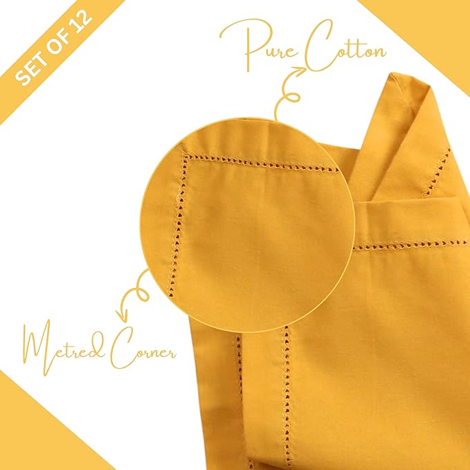 Lightnpro Decorative Cloth Dinner Napkins with Hemstitched, Wedding, Cocktail & Party Napkins, Mitered Corners, Machine Washable, 12 Elegant Table Napkins for Special Occasions - 18x18 Inch Mustard