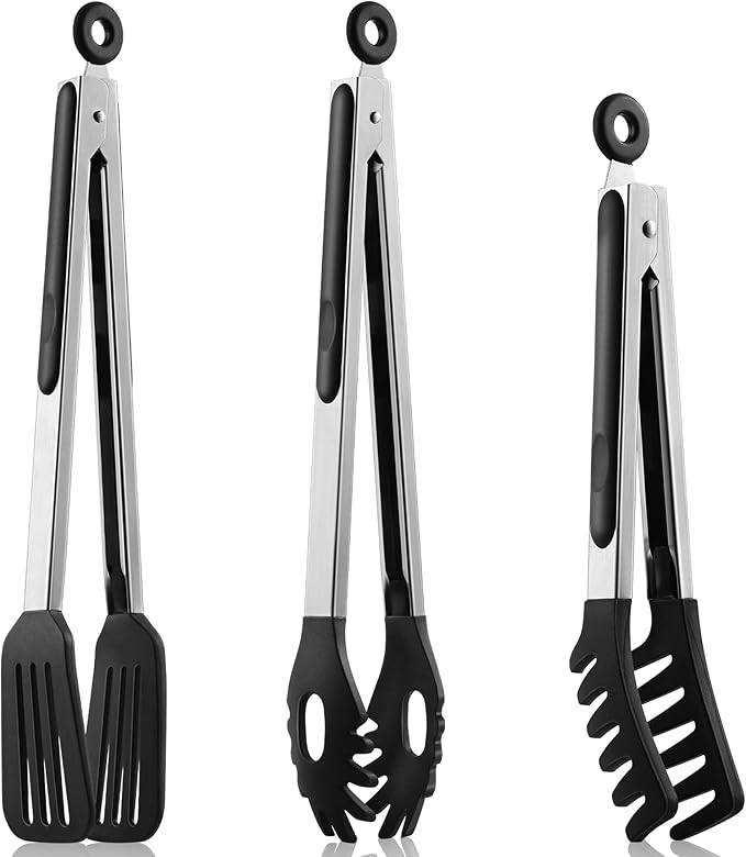 3 PCS Kitchen Tongs with Silicone Tips, 9 & 12-Inch Heat Resistant Silicone Tongs for Cooking Stainless Steel Spaghetti Tong Pasta Tong for Serving Food, Spaghetti, Pasta, BBQ, Salad (3 PCS)