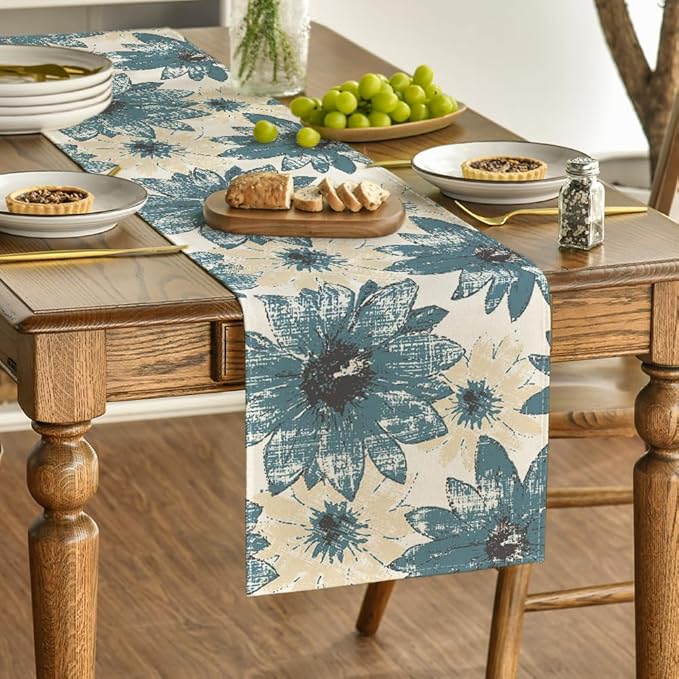 Artoid Mode Blue Retro Daisy Spring Table Runner, Seasonal Summer Vintage Kitchen Dining Table Decoration for Home Party Decor 13x36 Inch