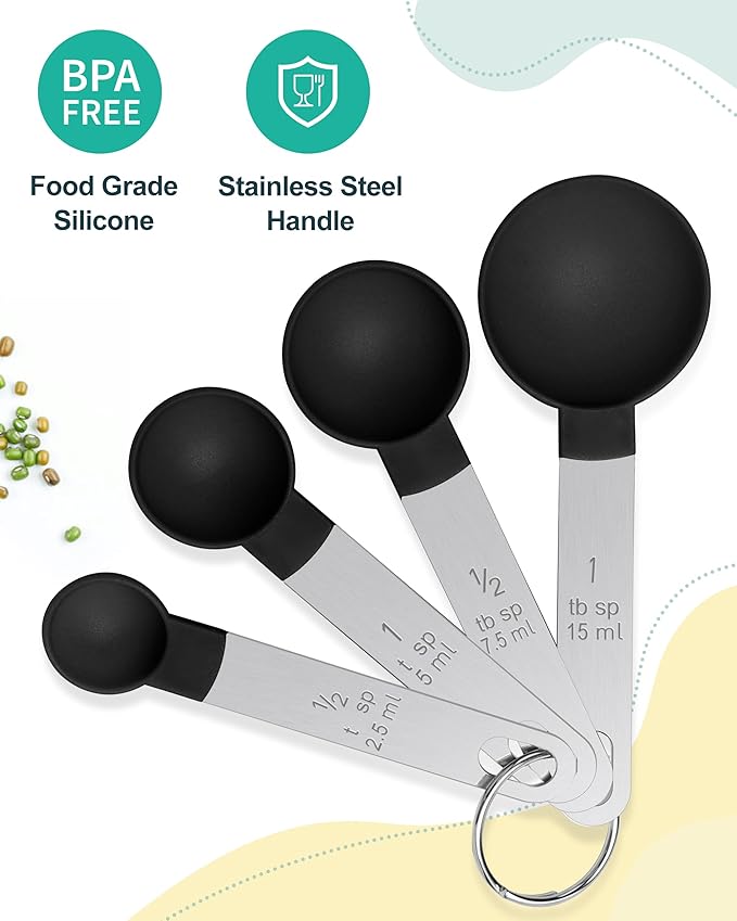 Measuring Cups and Spoons Set of 8 Pieces, nesting measuring cups for Measuring Dry or Liquid Ingredients, Stainless Steel Handle, Kitchen Gadgets for Cooking & Baking （Black）