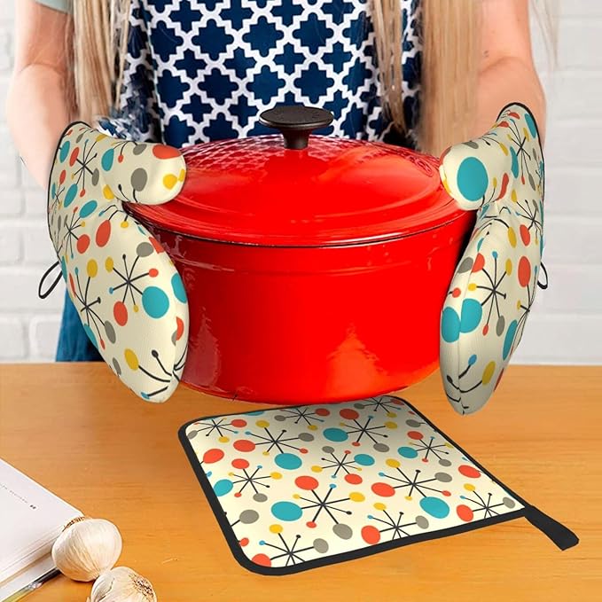 Mid Century Fifties Modern Atomic Retro Oven Mitts and Pot Holders Sets of 3, Yellow Kitchen Decor or Accessories, Heat Resistant Hot Pads Oven Gloves,Cooking Grilling Baking Gifts for Women