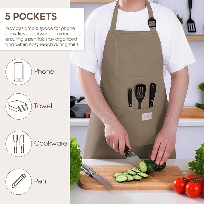Kitchen Apron, Chef Aprons for Men Women with 5 Pockets Pen Holder, Adjustable Bib BBQ Work Apron for Cooking Baking