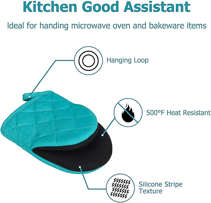 Short Oven Mitts, Heat Resistant 500°F, Silicone Grip Kitchen Gloves, Non-Slip for Baking, Grilling, BBQ, Machine Washable with Hanging Loop, 2-Pack Set, Coral Blue