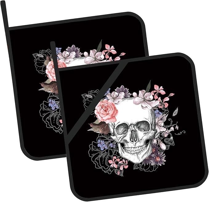 Skull with Flowers Pot Holders Set of 2 Kitchen Heat Resistant Potholder for Microwave Cooking Baking Oven End Dishes and BBQ