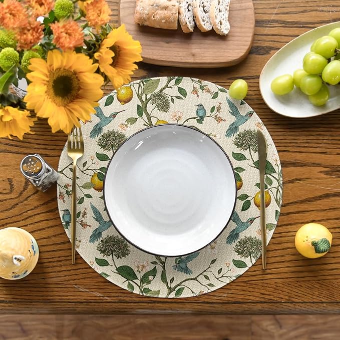 Artoid Mode Brown Lemon Tree Bird Flower Round Summer Placemats Set of 4, 14 Inch Spring Farmhouse Round Table Mats for Dining Decoration