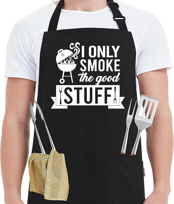 Kaidouma Funny Grilling Aprons for Men - I Only Smoke The Good Stuff - Funny Chef Cooking BBQ Grill Aprons with 2 Pockets - Birthday, Father's Day, Christmas Gifts for Dad, Husband, Boyfriend, Him