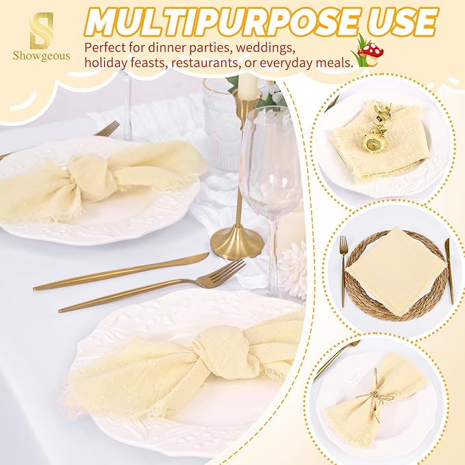 Showgeous 30 Pack Beige Cloth Napkins with Fringe 16x16 inch 100% Cotton Beige Napkins Handmade Dinner Napkins Bulk Washable Soft Rustic Table Napkins for Wedding Parties Bridal Baby Shower