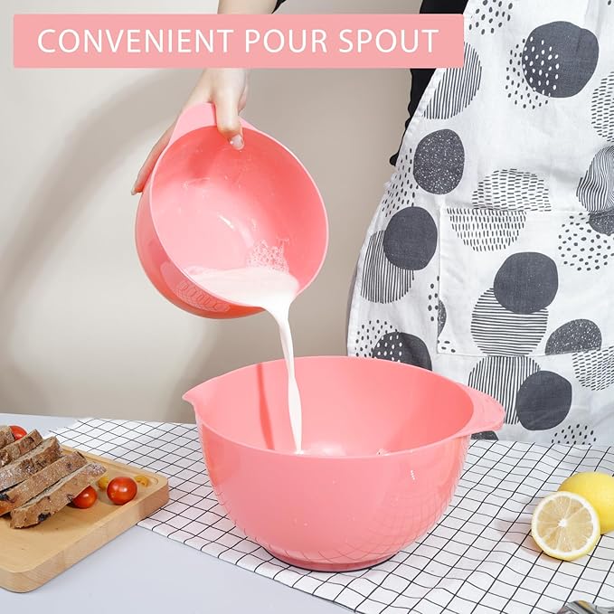 BoxedHome Nesting Plastic Mixing Bowl Set With Pour Spout, Microwave and Dishwasher Safe, BPA free Non-Slip Base, Set of 4 Size 1.7, 2.5, 3.5 and 4.5qt, Great for Prepping, Baking