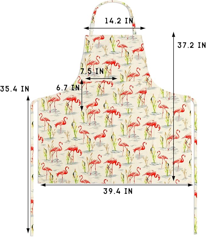 Sanlykate Extra Large Canvas Cotton Apron for Men & Women, Plus Size Durable Aprons with 2 Pockets, Adjustable Bib Machine Washable Oversized Aprons for Baking, Cooking, Painting - Flamingo