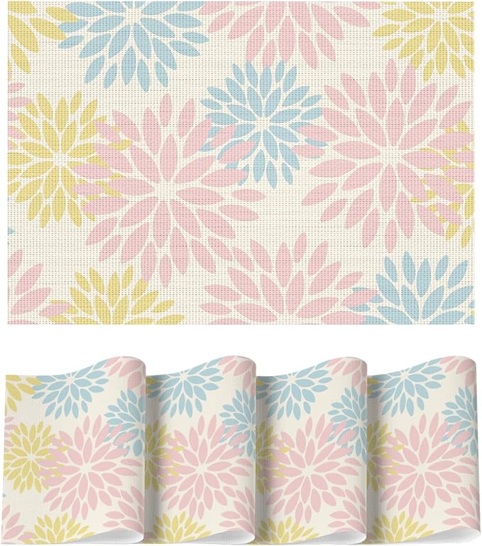 Artoid Mode Floral Vinyl Plastic Placemats Set of 4, 12x18 Inch Washable Non-Slip PVC Place Mats for Party Kitchen Dining Decor, Pink