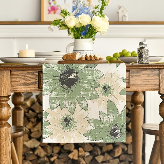 Artoid Mode Green Retro Daisy Spring Table Runner, Seasonal Vintage Kitchen Dining Table Decoration for Home Party Decor 13x72 Inch