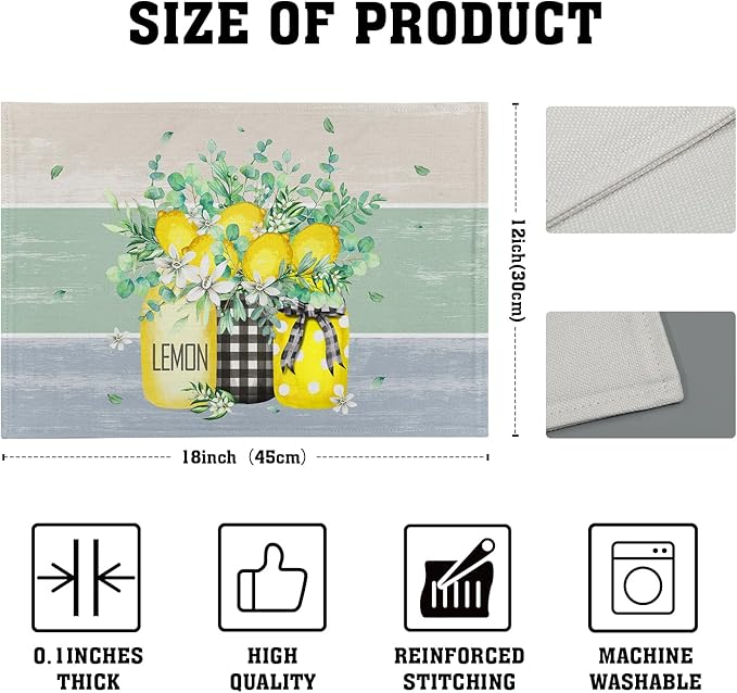 Lemon Floral Eucalyptus Vase Placemats Set of 4, 12 x 18 Inch Yellow Lemon Fruit Non-Slip Rectangle Place Mat Farmhouse Decoration for Spring Summer Seasonal Holiday Dining Table Mats