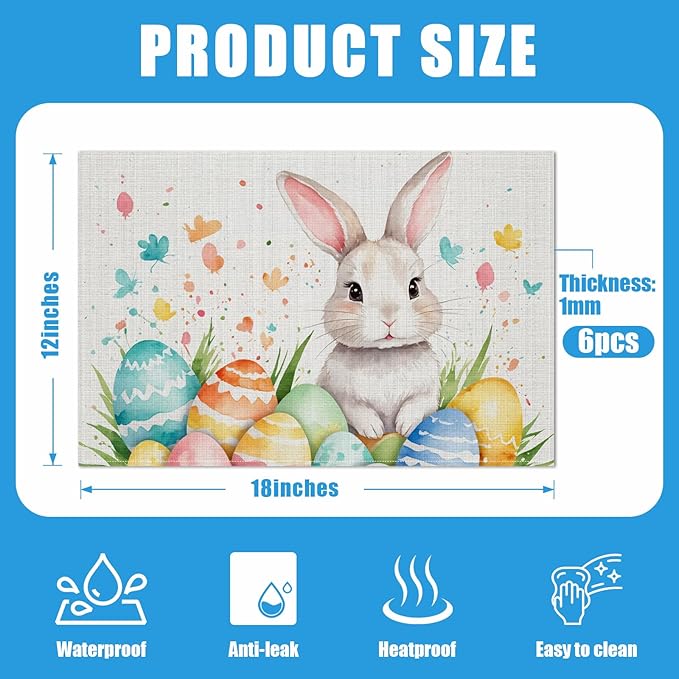 Easter Rabbit Eggs Placemats Set of 6, Washable Linen Place Mat Heat Resistant Non Slip Kitchen Dining Table Mats 12x18 Inch