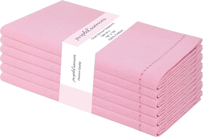 PurpleEssences Set of 6 Hemstitch Cloth Dinner Napkins 100% Cotton - Soft Durable Washable - Ideal for Wedding Spring Easter Summer - Perfect Everyday Use Table Linen 18x18 - Blush Pink