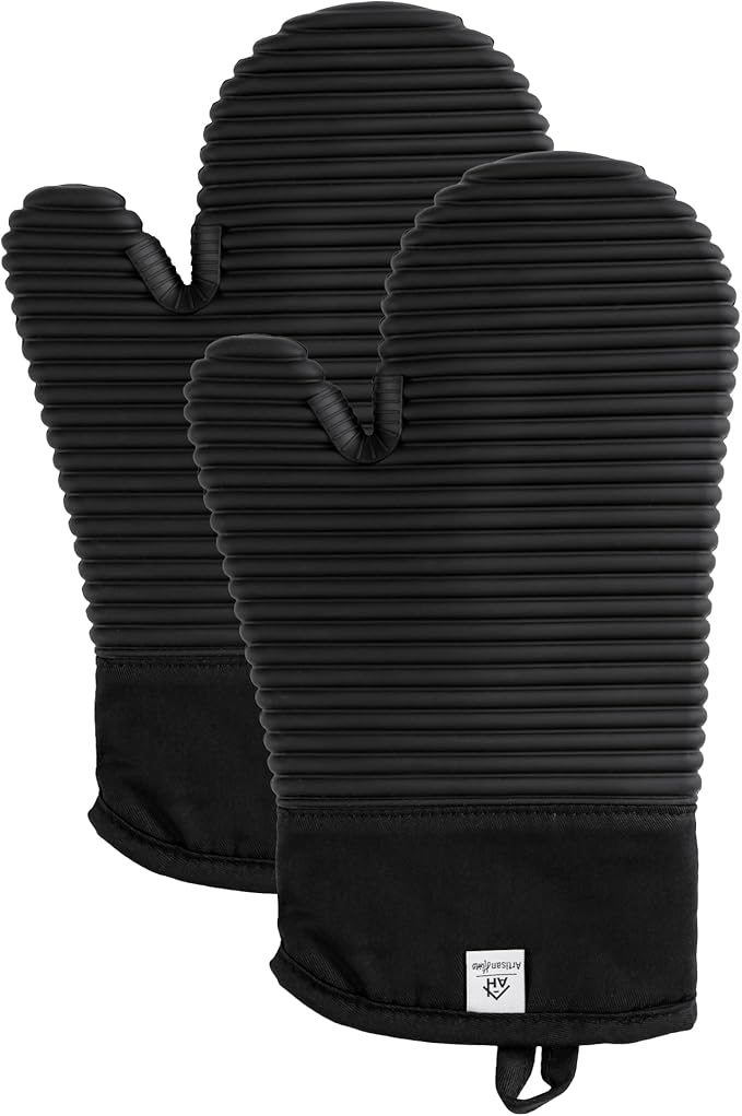 Extra Long Silicone Oven Mitts | Heat Resistant 500°F BPA-Free Food Grade Silicone Kitchen Mittens | 2-Piece Set of Oven Gloves Kitchens- Black