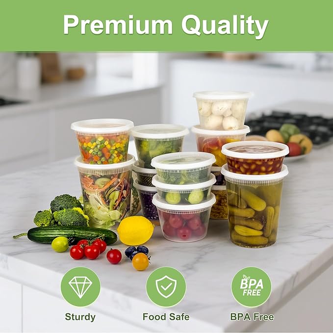 Dipoo 60 Sets (120-Piece) Deli Containers with Lids, 32/16/8 oz X 20 Set Each, Leak-Proof & BPA Free Airtight Takeout Plastic Food Storage Containers for Soup, Freezer/Microwave/Dishwasher Safe