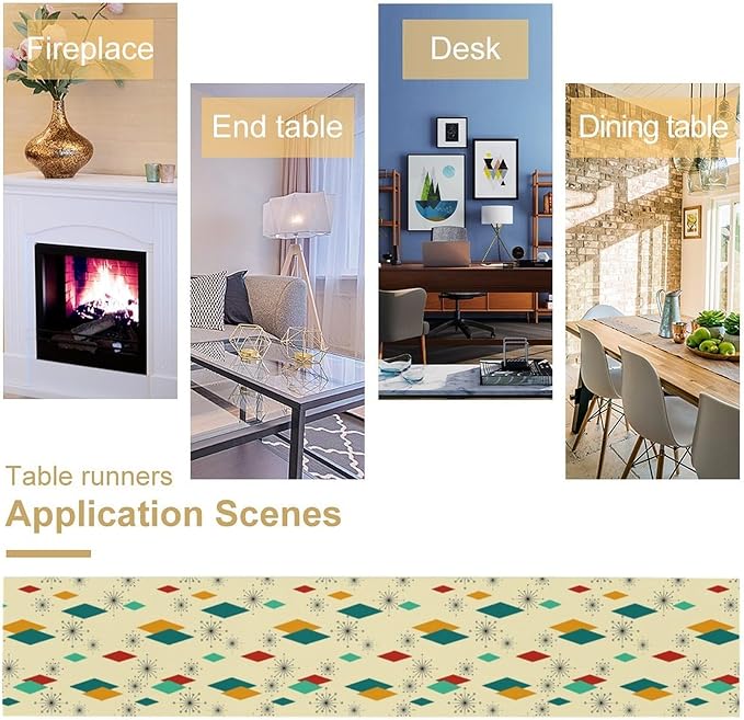 Mid Century Modern Table Runners Retro 50s 60s Minimalist Abstract Geometric for Dining Room Dinner Runner Kitchen Indoor Outdoor Patio Party Decor Fabric 1 Panel W13xL60in