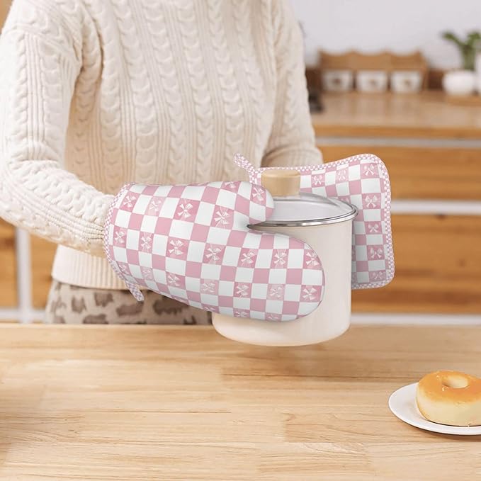 Oven Mitts and Pot Holders Pink Check Bow Pattern Silicone Kitchen Accessories Set of 2 Heat Resistant Long Gloves Potholder Non-Slip Grip for Chef Cooking Baking Grilling BBQ