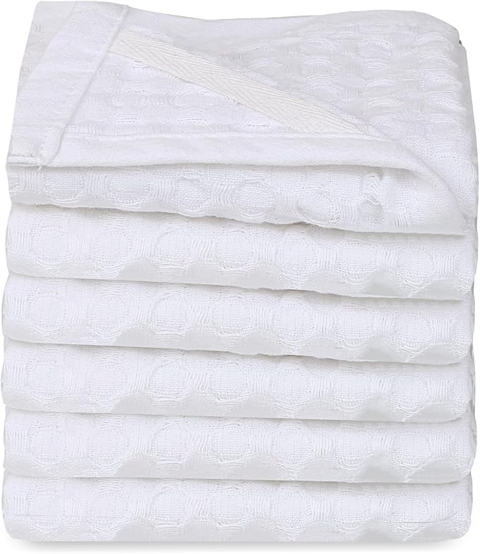 WHITEWRAP Premium Cotton Big Waffle Weave Kitchen Dish Cloths, 12x12 Inch Ultra Absorbent Lint-Free Dish Towels, Fast Drying Dishcloths for Washing Dishes, 6 Pack, White