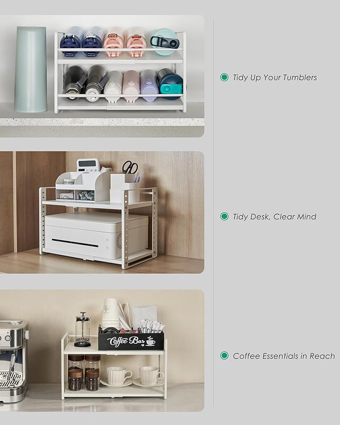 Desk Organizer Shelf, 2-Tier Expandable Metal Desktop Shelves with Multiple Setup, Organizer Storage Rack for Bookshelf & Supply Storage, Space-Saving for Office, Kitchen Countertop, Cabinet, Pantry