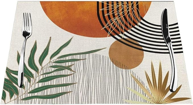Mid Century Placemats Set of 4,12x18 Inches Boho Orange Green Tropical Leaf Decorative Placemats Modern Rectangle Table Mats for Party Home Kitchen Dining Table Decoration
