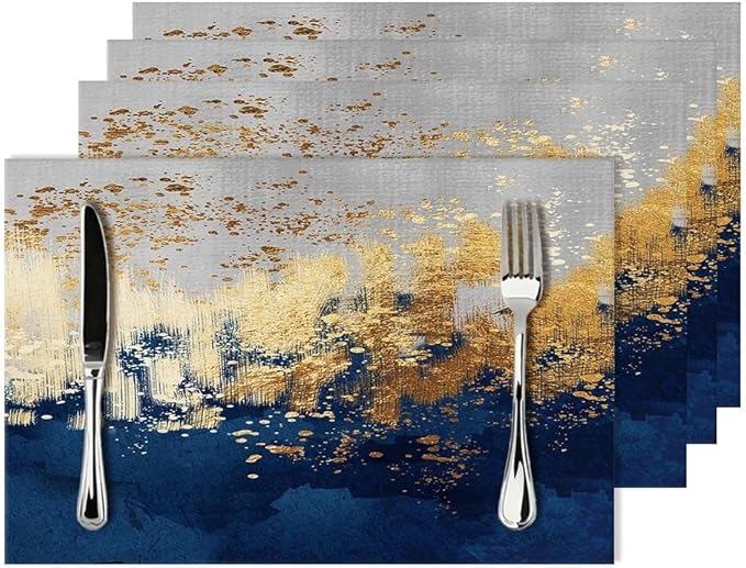 Navy Blue and Gold Splash Patterned Linen Placemats Set of 4, Washable Non-Slip Heat-Resistant Luxury Abstract Blue Gold Table Mats for Kitchen Dining Table Home Party Wedding Farmhouse, Home Decor