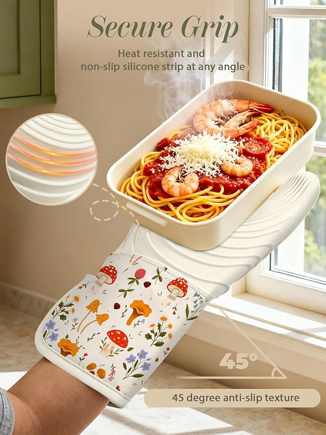 Slohif Long Silicone Oven Mitts Heat Resistant for Women - 2 Pcs Mushroom 100% Cotton Oven Gloves, Non-Slip and Waterproof Silicone Oven Mitts with Hanger for Baking and Cooking