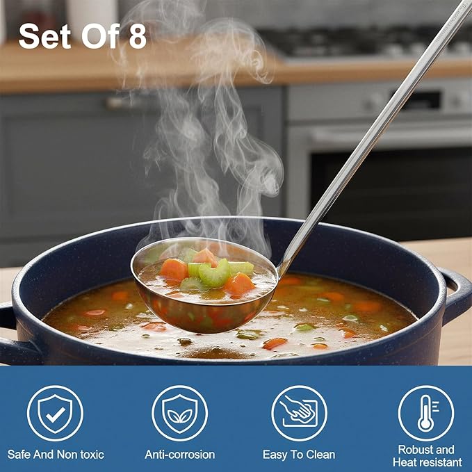 8pcs Stainless Steel Soup Ladle for Serving with Long Handles Sturdy Soup Ladle Portion Control Serving Spoons Cooking Servings Ladles for Cooking Stirring Sauce Kitchen Home Accessories Restaurant