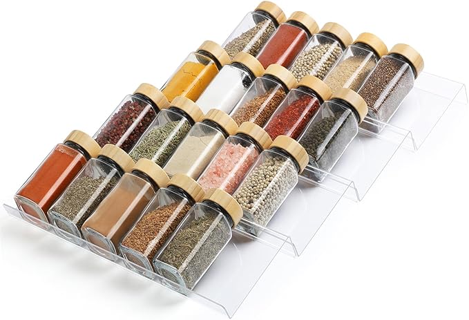 Suneerplay Spice Drawer Organizer 4 Tier, Acrylic Seasoning Organizer Rack, Clear Spice Rack Tray, Kitchen Seasoning Jars Drawers Insert (Jars Not Included/Expandable From 13" to 26")