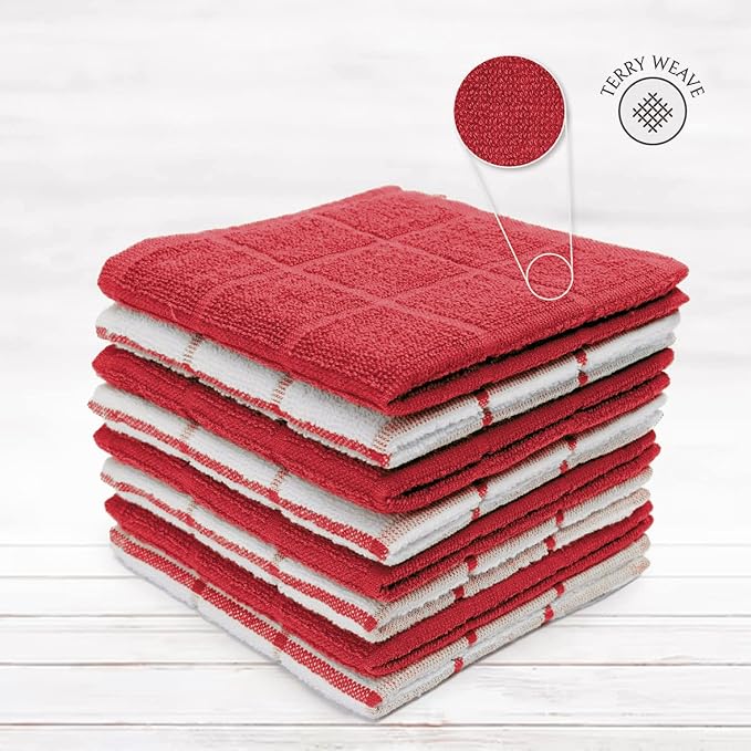 100% Cotton Terry Dish Cloth & Dish Towel, 8 Pack, Super Soft and Absorbent Kitchen Towels, Perfect for Kitchen Cleaning and Dish Washing (RED (Solid and Checks) 8 Pack)