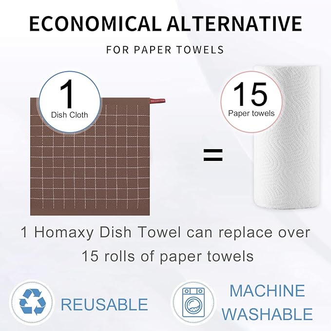 Homaxy 100% Cotton Terry Kitchen Towels(Brown, 13 x 28 inches), Checkered Designed, Soft and Super Absorbent Dish Towels, 6 Pack