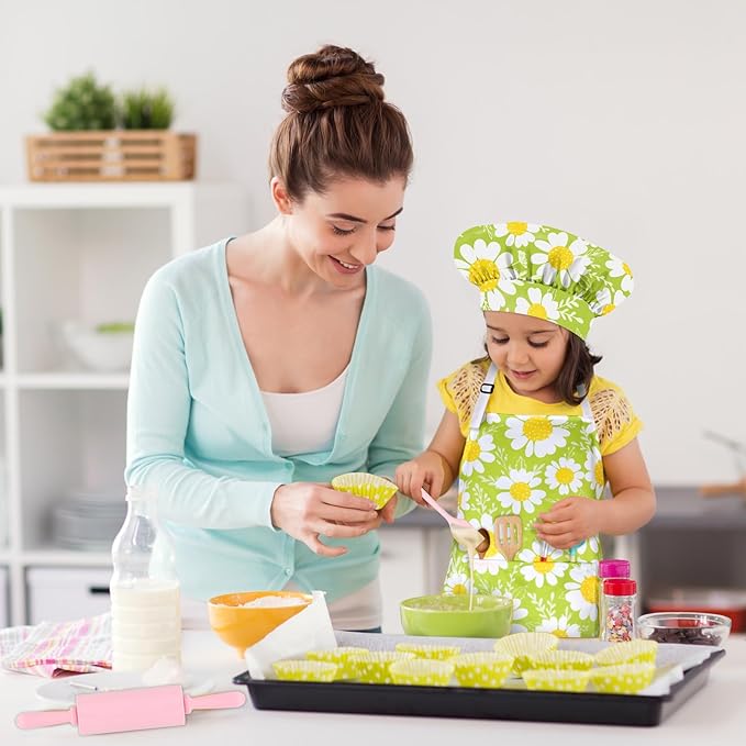 Kids Chef Hat and Apron, Adjustable Kids Aprons with Pocket Girls Boys Kitchen Toddler Aprons for Cooking Baking